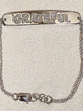 Andrea Groussman 14K White Gold Pave Diamond “Grateful” Bar Bracelet 6”